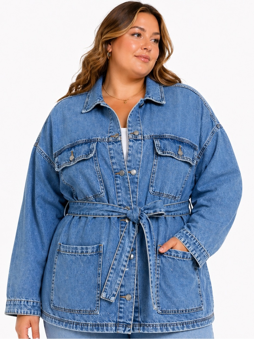 & Denim Women’s Blue Denim Jacket Size XXL Font Tie Barn Chore Jean H&M Pockets